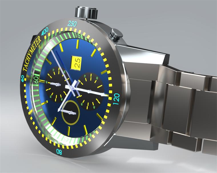 Photorealistic 3D render of a chronograph wristwatch with a blue dial and tachymeter bezel
